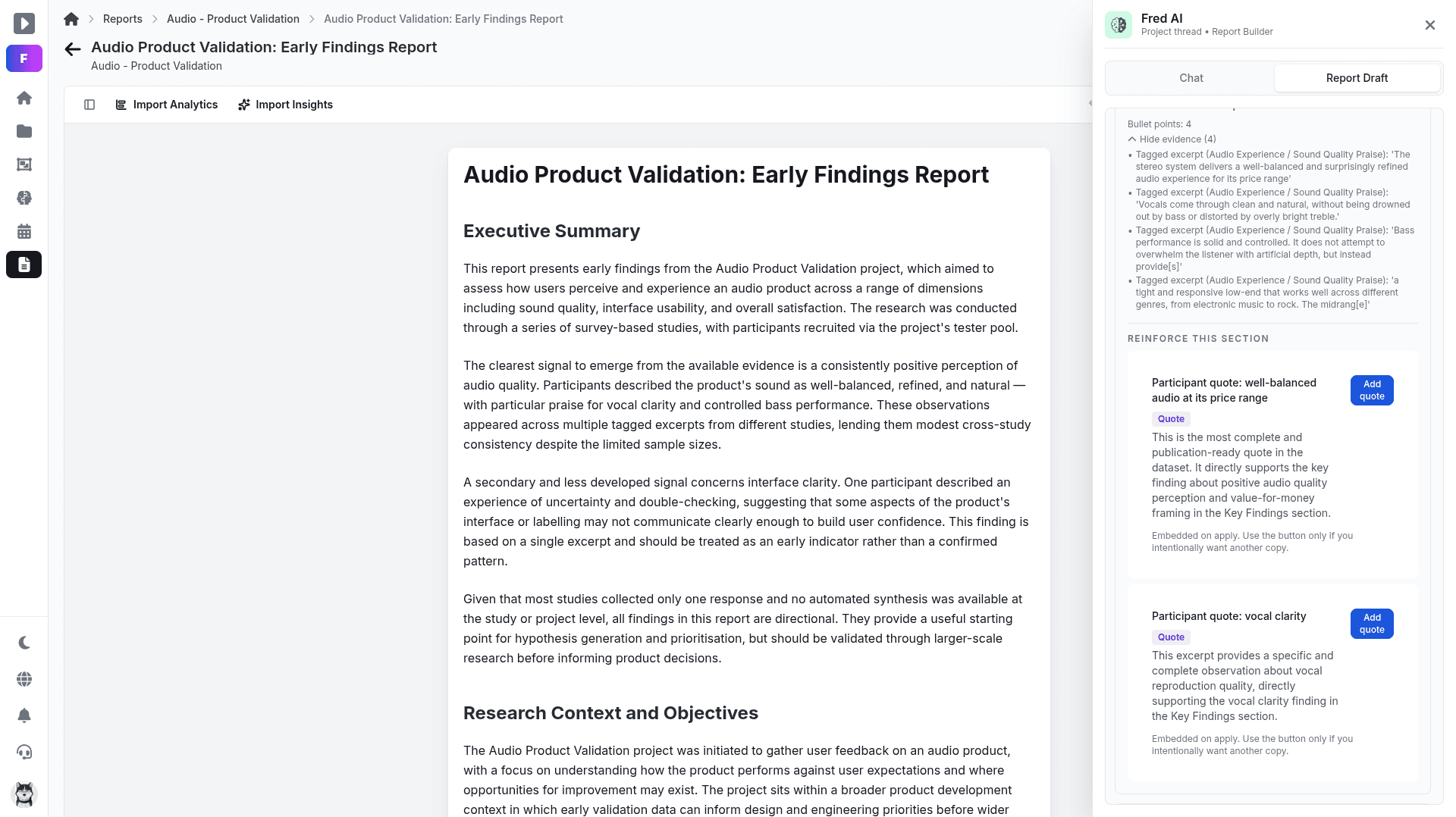 Fred report builder with structured research evidence