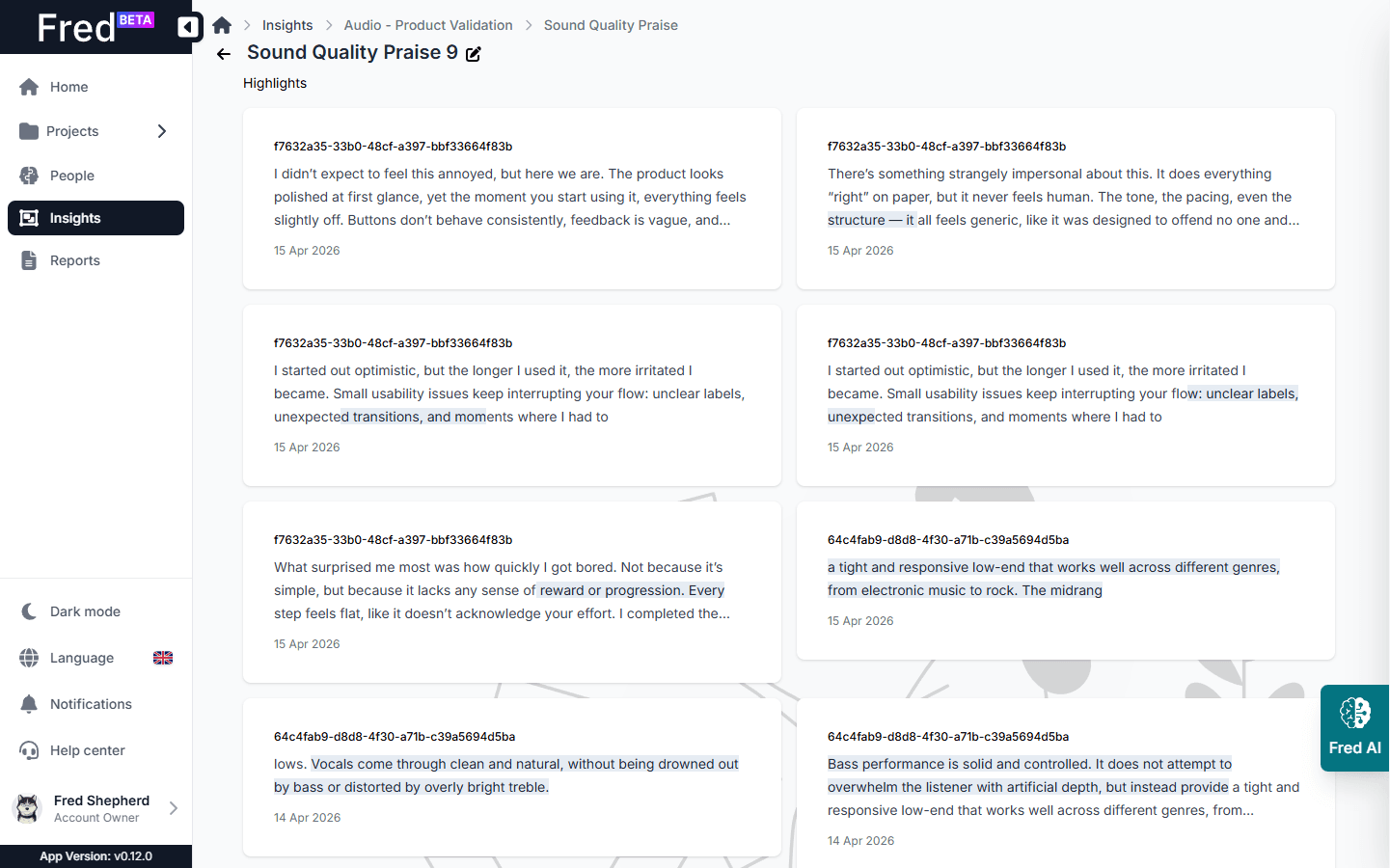Fred insight detail view with structured research findings