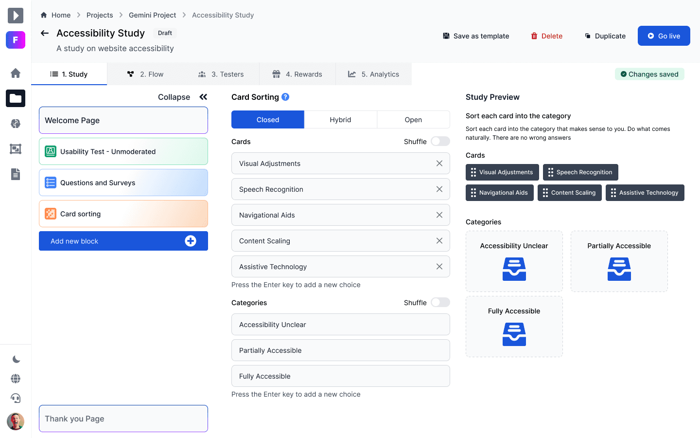 Fred study builder with research setup controls