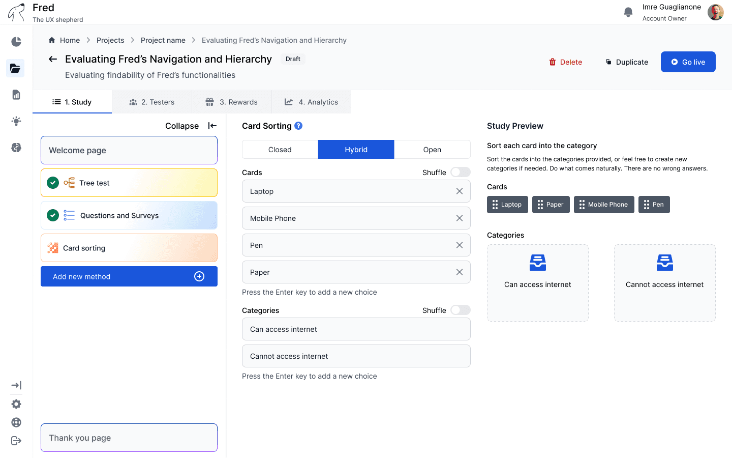 Fred study editor showing method-specific research setup