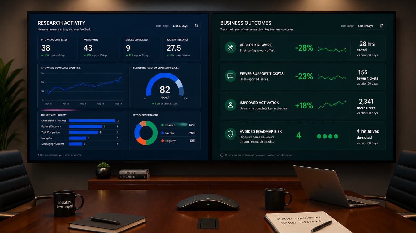 Two dashboards side by side that show the difference between research results and UX research ROI. The left one showing UX metrics and KPIs. The right one Business metrics and KPIs