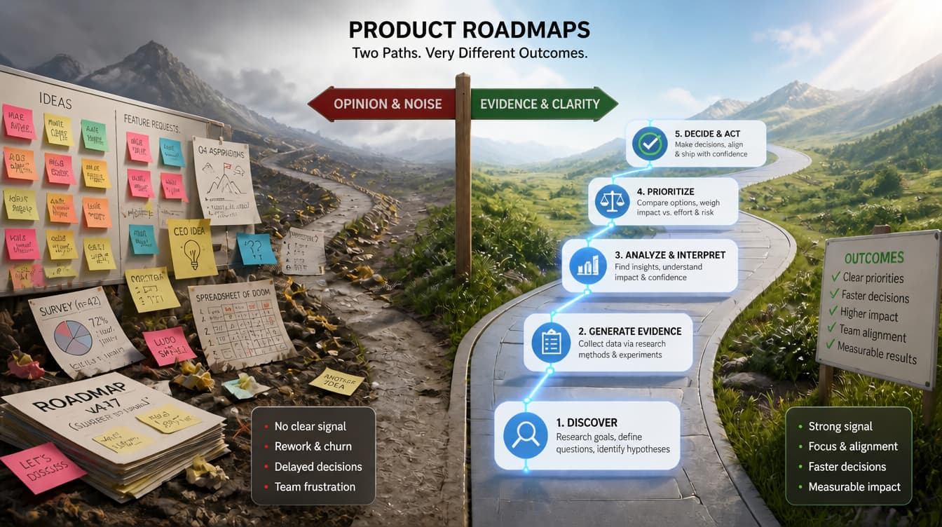 Split path showing the two sides of roadmap validation. One cluttered and disconnected, one tied to evidences offered by Fred
