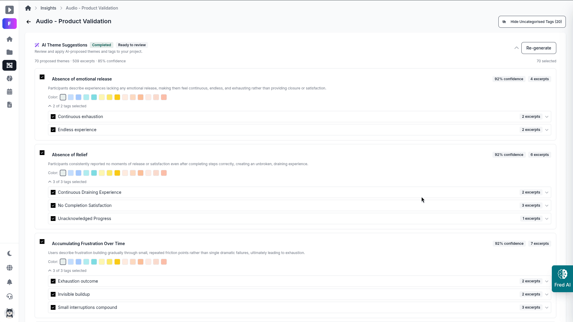 Fred insights tags workspace showing initial clustering and theme labels