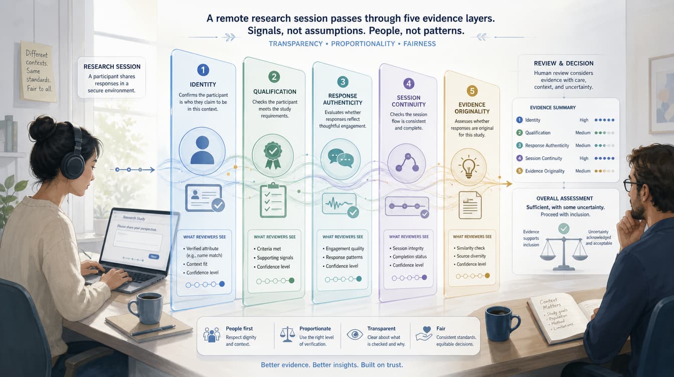 Editorial illustration of a remote research session passing through five transparent evidence layers. Show identity, qualification, response authenticity, session continuity, and evidence originality as reviewable signals. Avoid surveillance imagery, facial recognition motifs, police aesthetics, or a red “fraud” stamp. The visual should communicate careful verification, uncertainty, and fairness.
