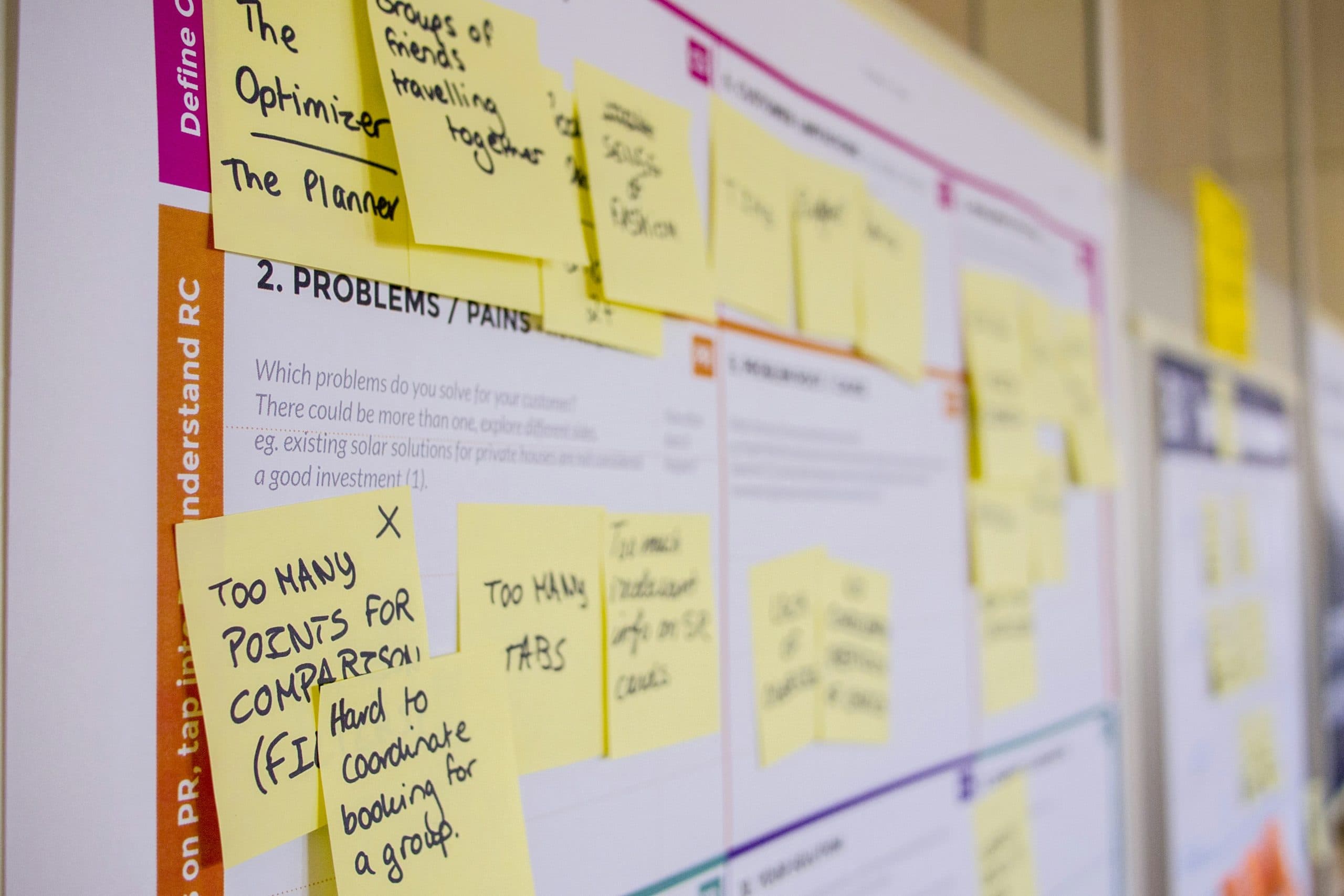 A whiteboard with some post-it attached, showcasing one of the steps of user research.