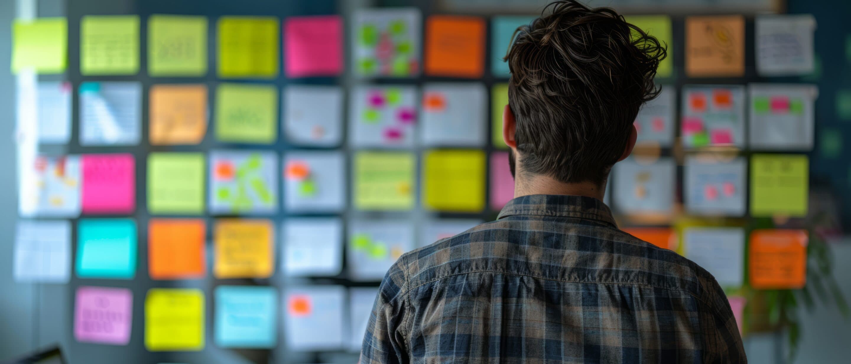 man staring at a wall full of post-it representing the choice of the best user research tools for startups 2026