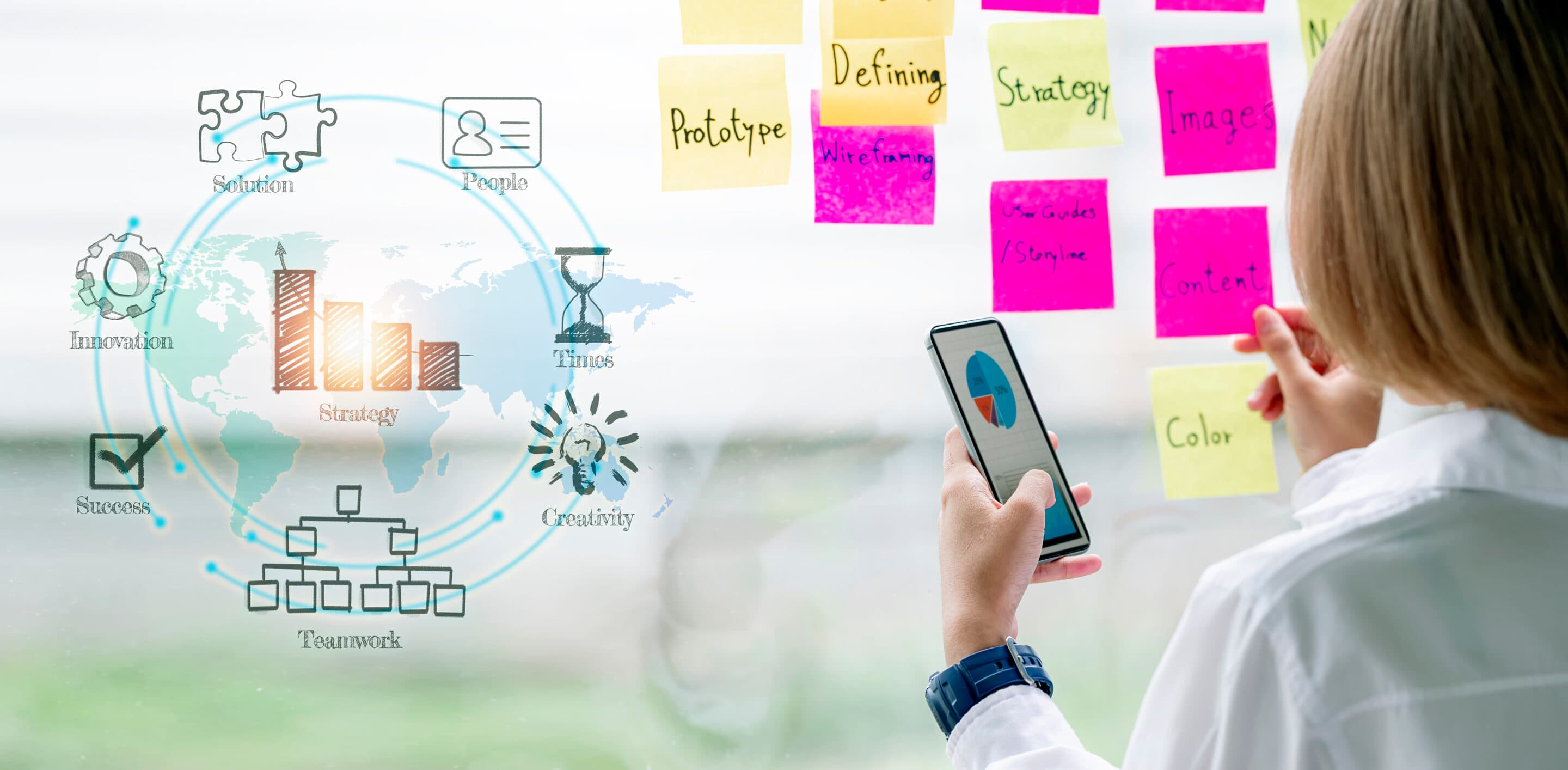 Young creative female professional using mobile phone and sticky notes on glass wall to writing and analyzing ux research stack for product teams