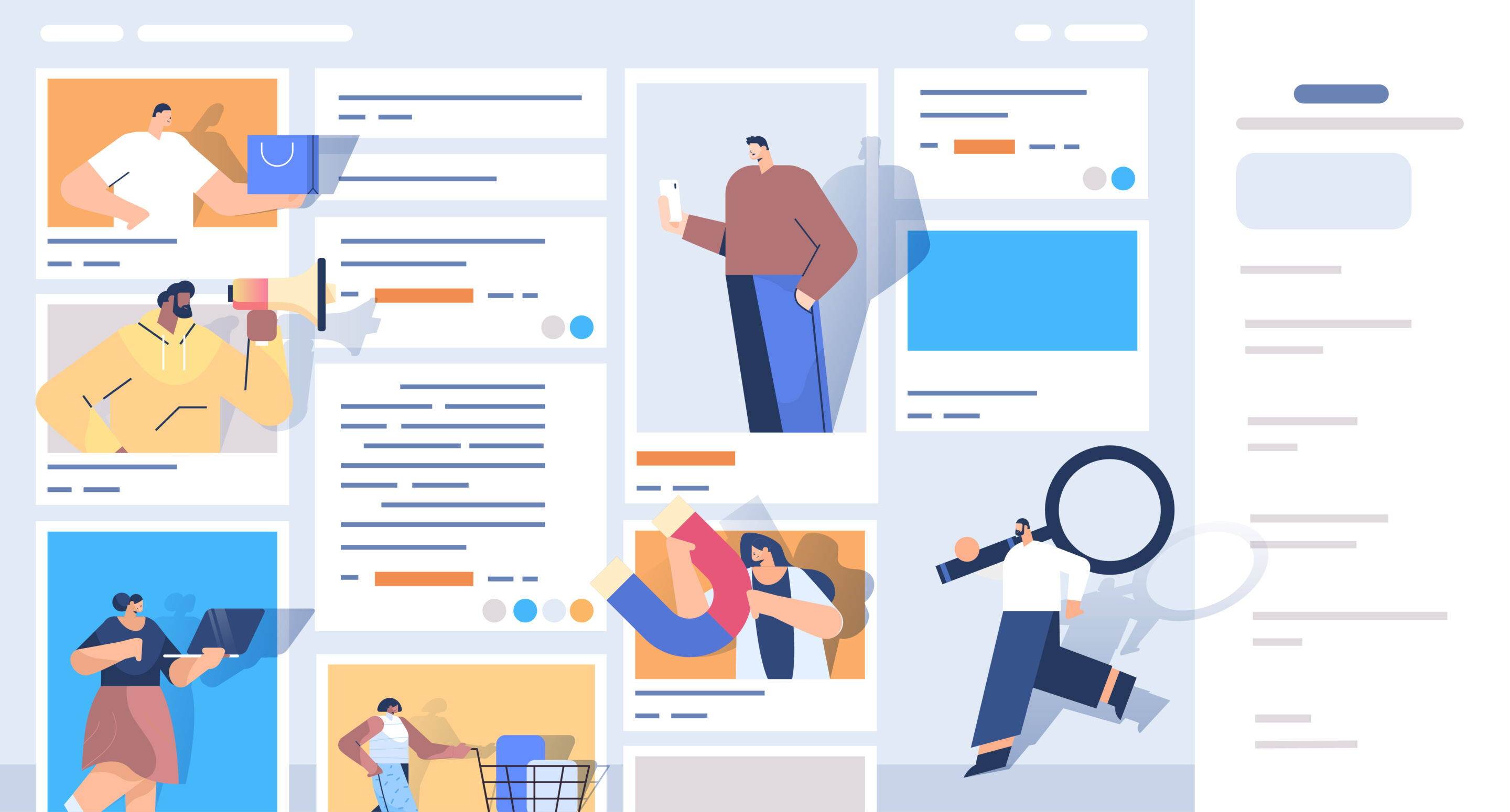 Resources 4 Mix race people in web browser windows using computer applications digital marketing concept horizontal vector illustration