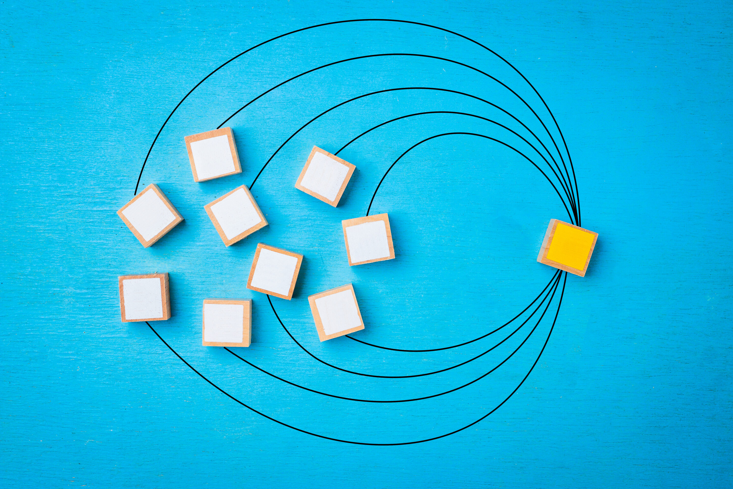 Network link concept, wooden blocks on blue wooden background. Network link concept, wooden blocks on blue wooden background.