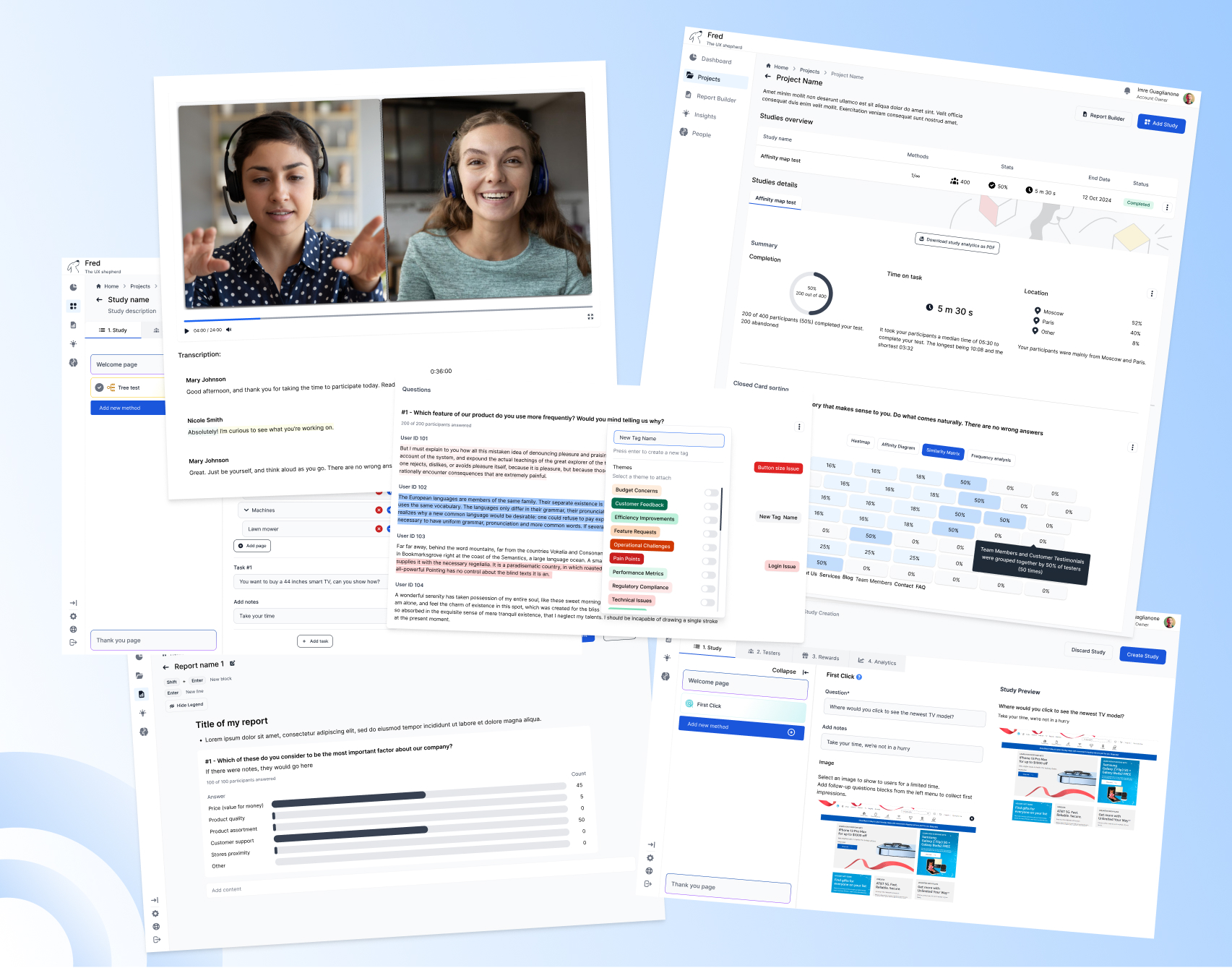 Fred the uxr shepherd: complete uxr tools for every research workflow Fred the uxr shepherd interface showing user research workflows with interviews, tagging and analysis, using a complete set of uxr tools