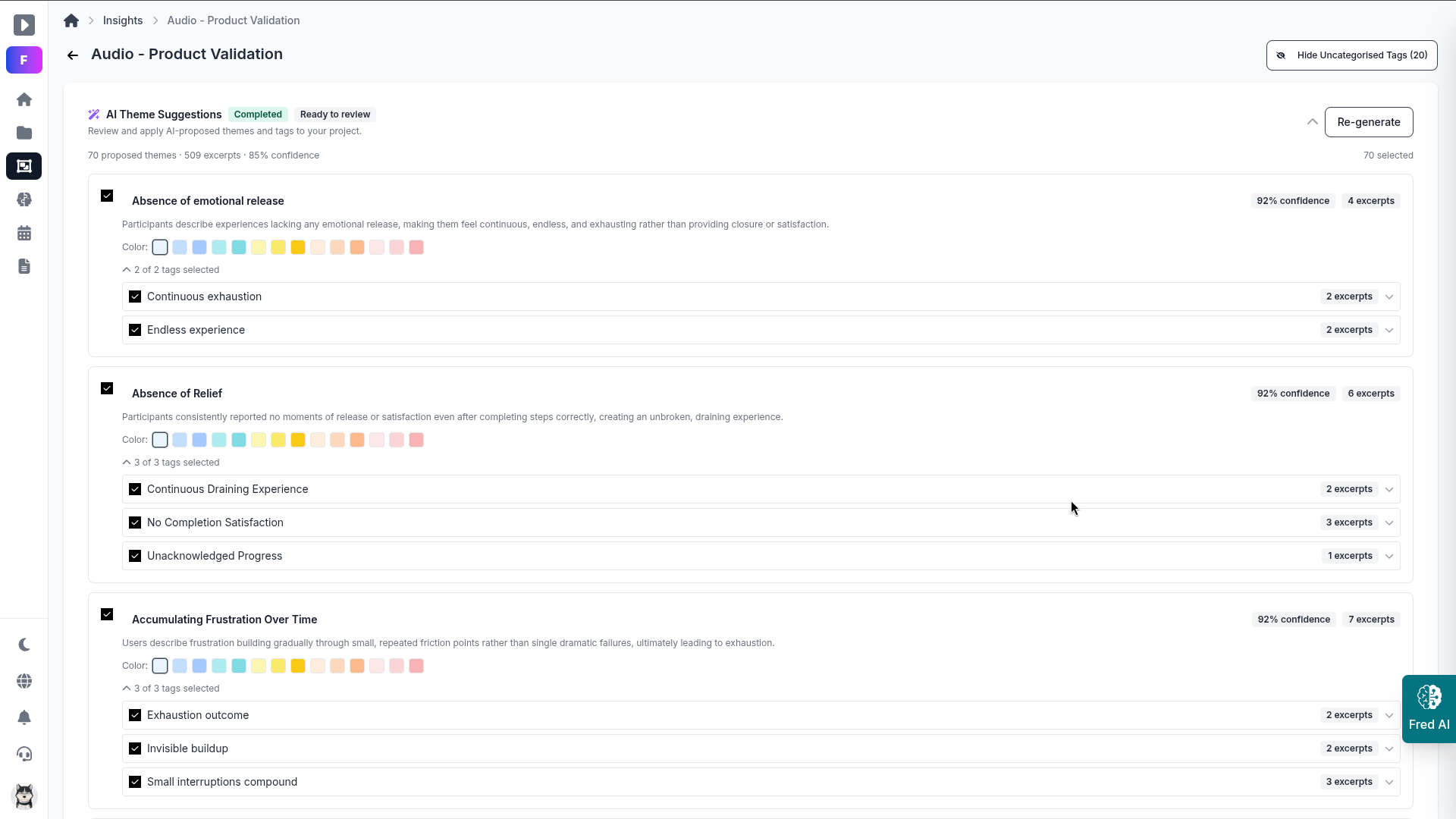 Fred AI-assisted thematic analysis view